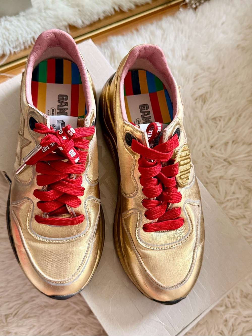 Golden Goose Metallic Gold Sneakers with Red Laces